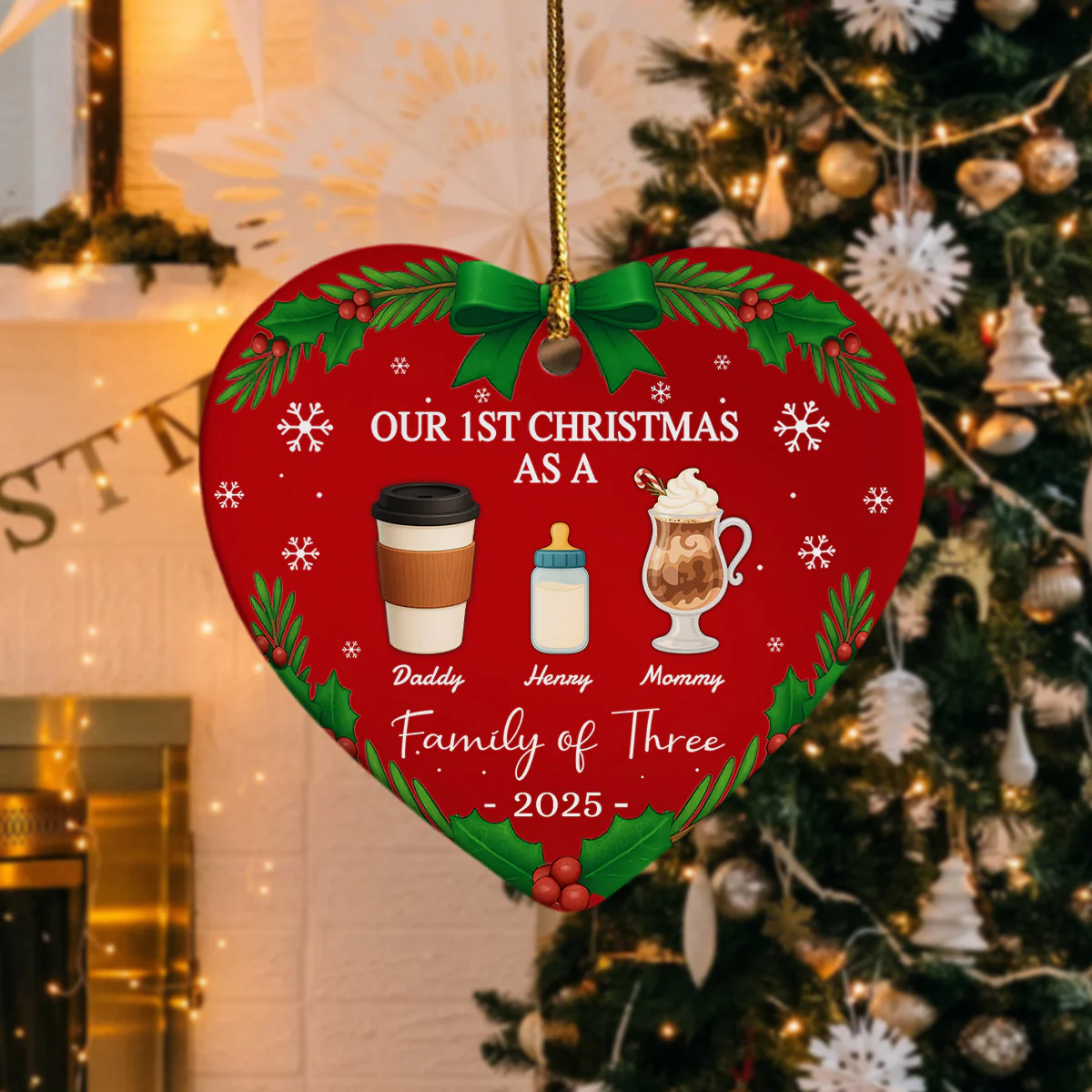 Our First Christmas As A Family Personalized Christmas Heart Shaped Ceramic Ornament HA75 897802 - Image 2