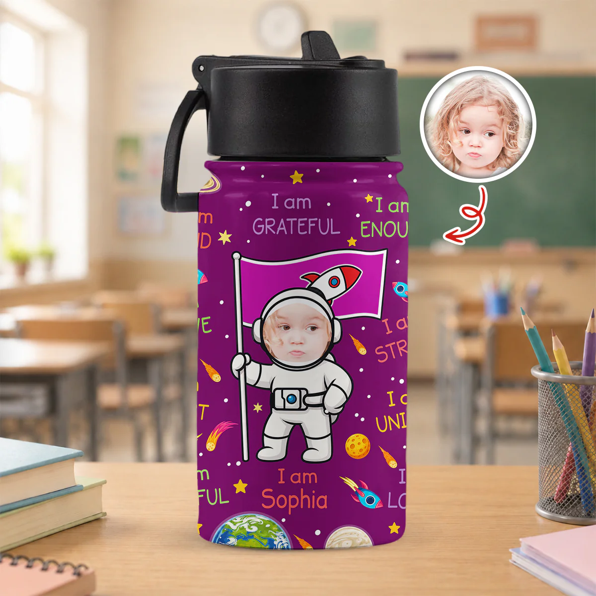 Personalised Photo Cute Astronaut Galaxy Kid Water Bottle with Positive Affirmations Phrase, Back To School Gift for Kids HO82 902976 - Image 6