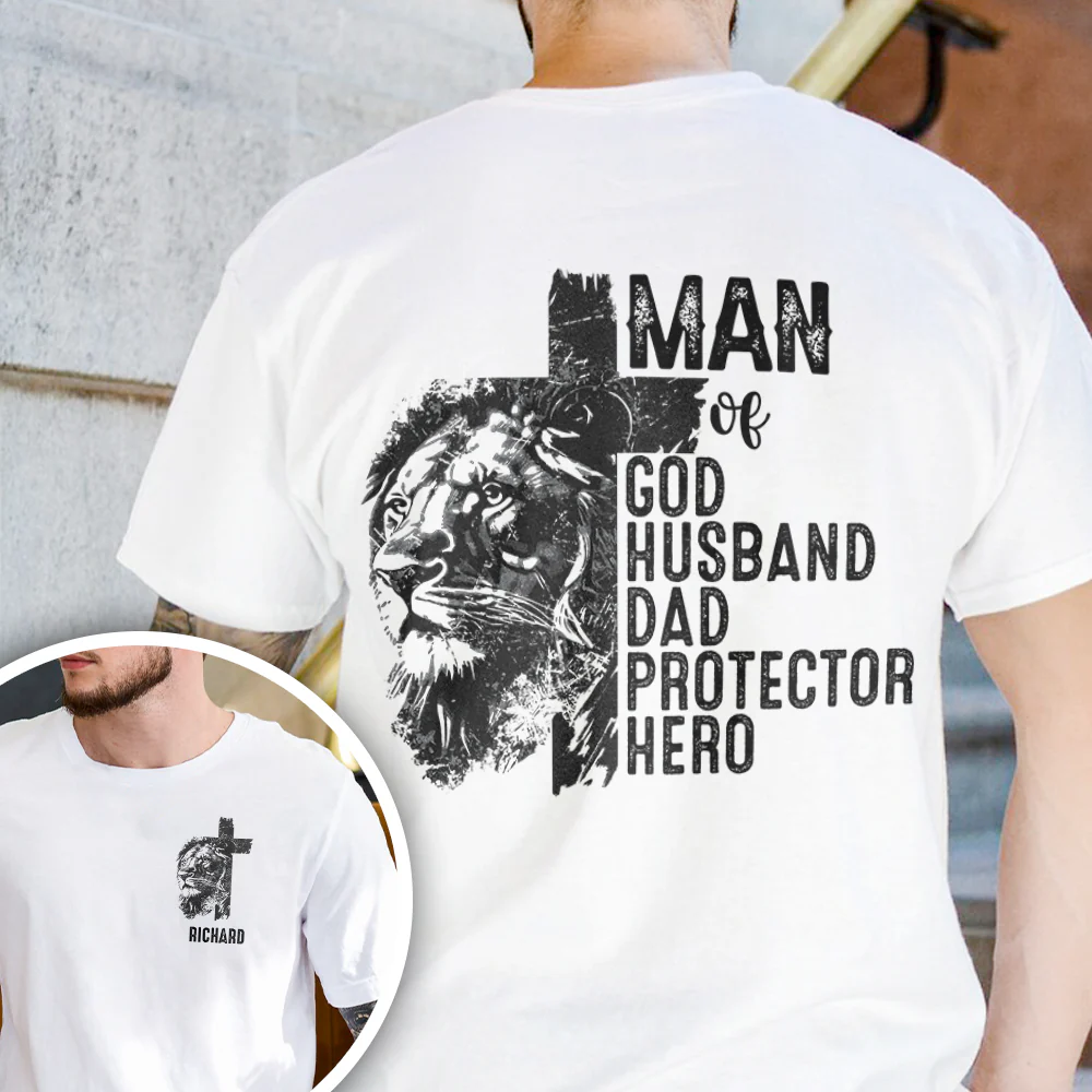 Personalized Christian Lion Cross Man Of God Husband Dad Protector Hero Men Back & Front Shirt TH10 169649
