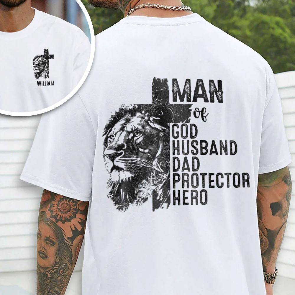 Personalized Christian Lion Cross Man Of God Husband Dad Protector Hero Men Back & Front Shirt TH10 169649 - Image 2