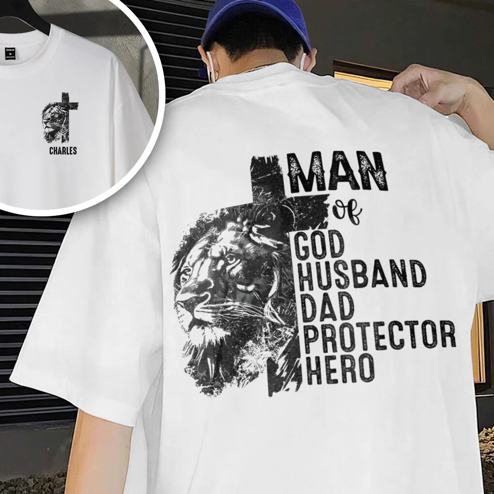 Personalized Christian Lion Cross Man Of God Husband Dad Protector Hero Men Back & Front Shirt TH10 169649 - Image 3