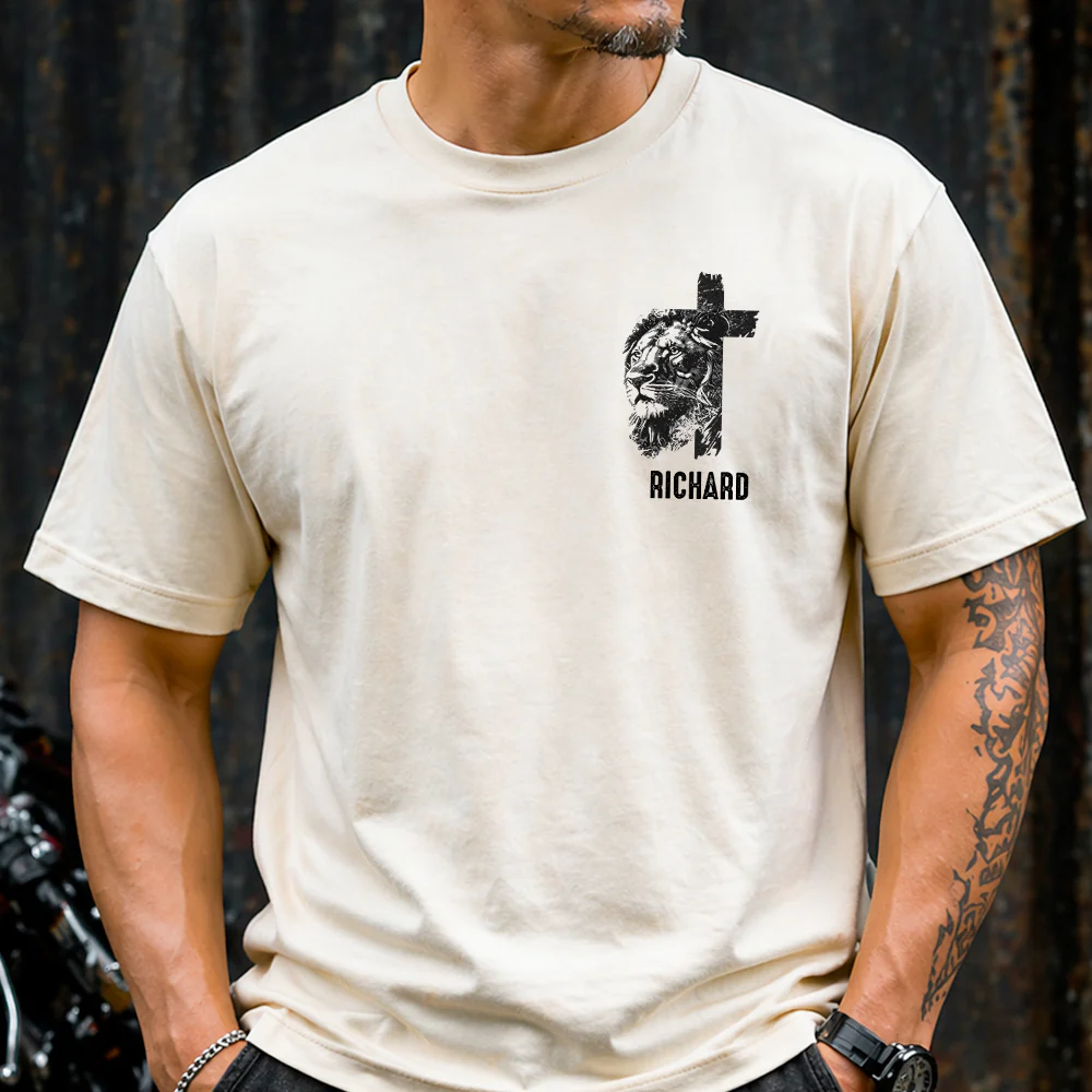 Personalized Christian Lion Cross Man Of God Husband Dad Protector Hero Men Back & Front Shirt TH10 169649 - Image 4