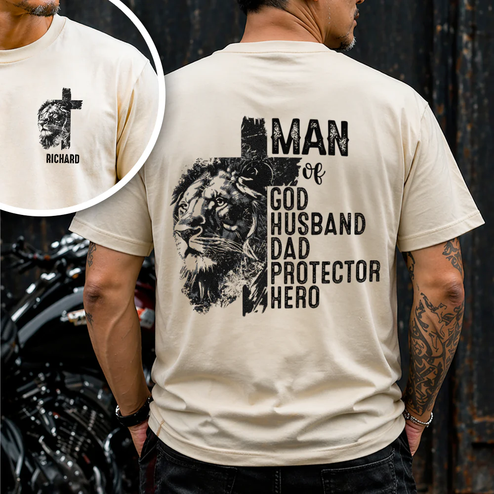 Personalized Christian Lion Cross Man Of God Husband Dad Protector Hero Men Back & Front Shirt TH10 169649 - Image 6