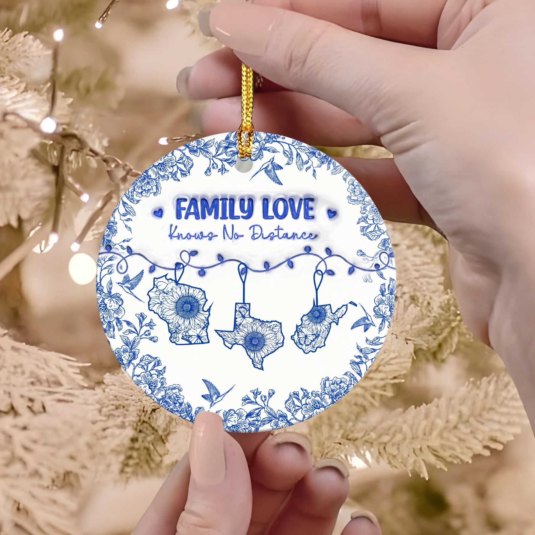 Personalized Family Love Knows No Distance Toile De Jouy Style Ceramic Ornament HO82 894834 - Image 4