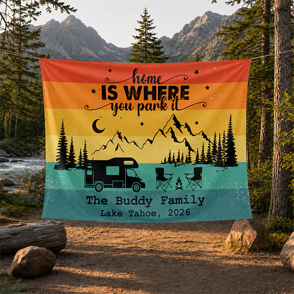 Personalized Retro Sunset Welcome To Our Campsite Camping Tapestry HO82 903078 - Image 2