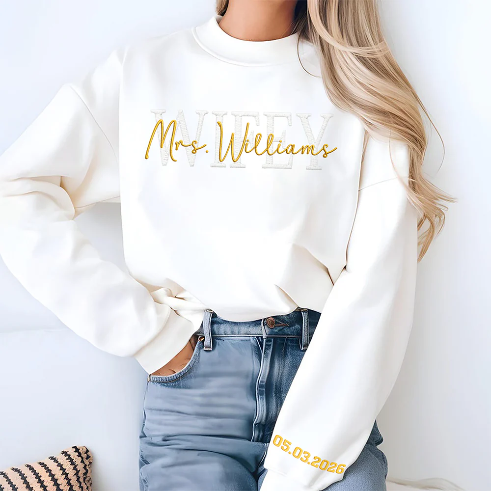 Personalized Wedding Gift, Wifey Mrs Sleeve Embroidered Sweatshirt LM32 899657 - Image 2