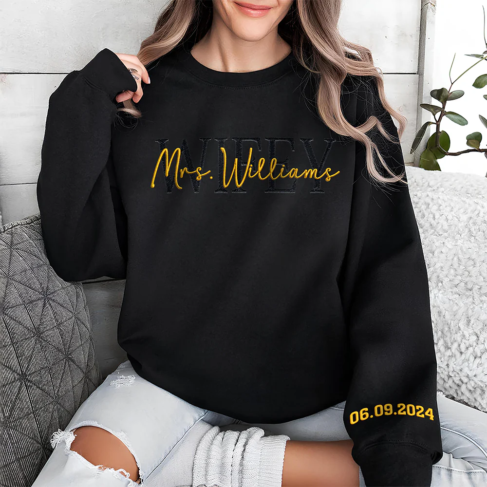 Personalized Wedding Gift, Wifey Mrs Sleeve Embroidered Sweatshirt LM32 899657 - Image 3