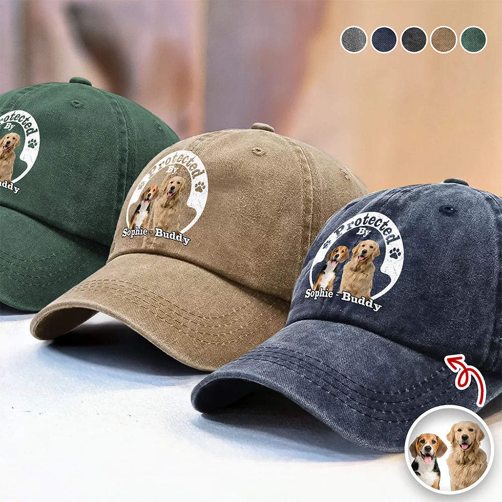 Protected By Human Dog Photo Ver 2 - Personalized Washed Denim Baseball Cap LM32 893953 - Image 5