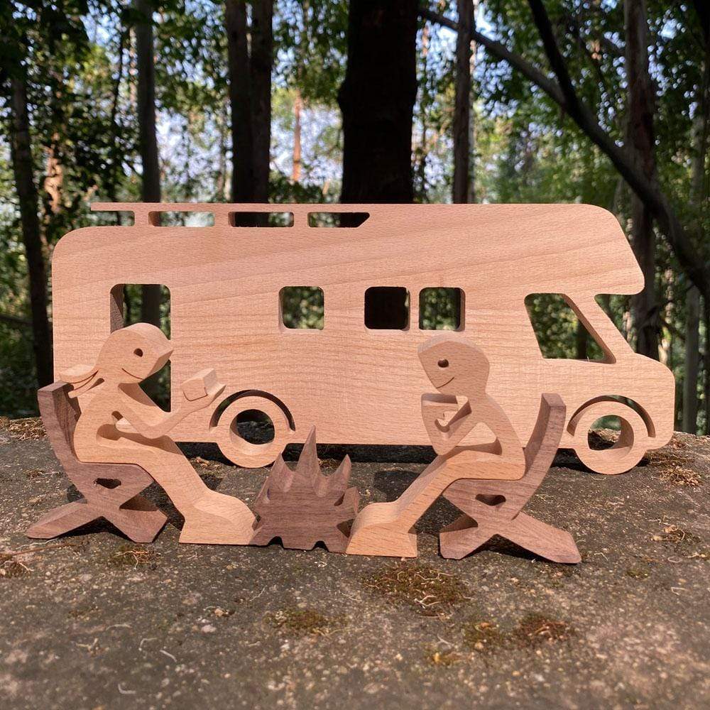 Couple Around Campfire And Motorhome Small Trailer 5th Wheel Wood Sculpture T286 HN590 - Image 3