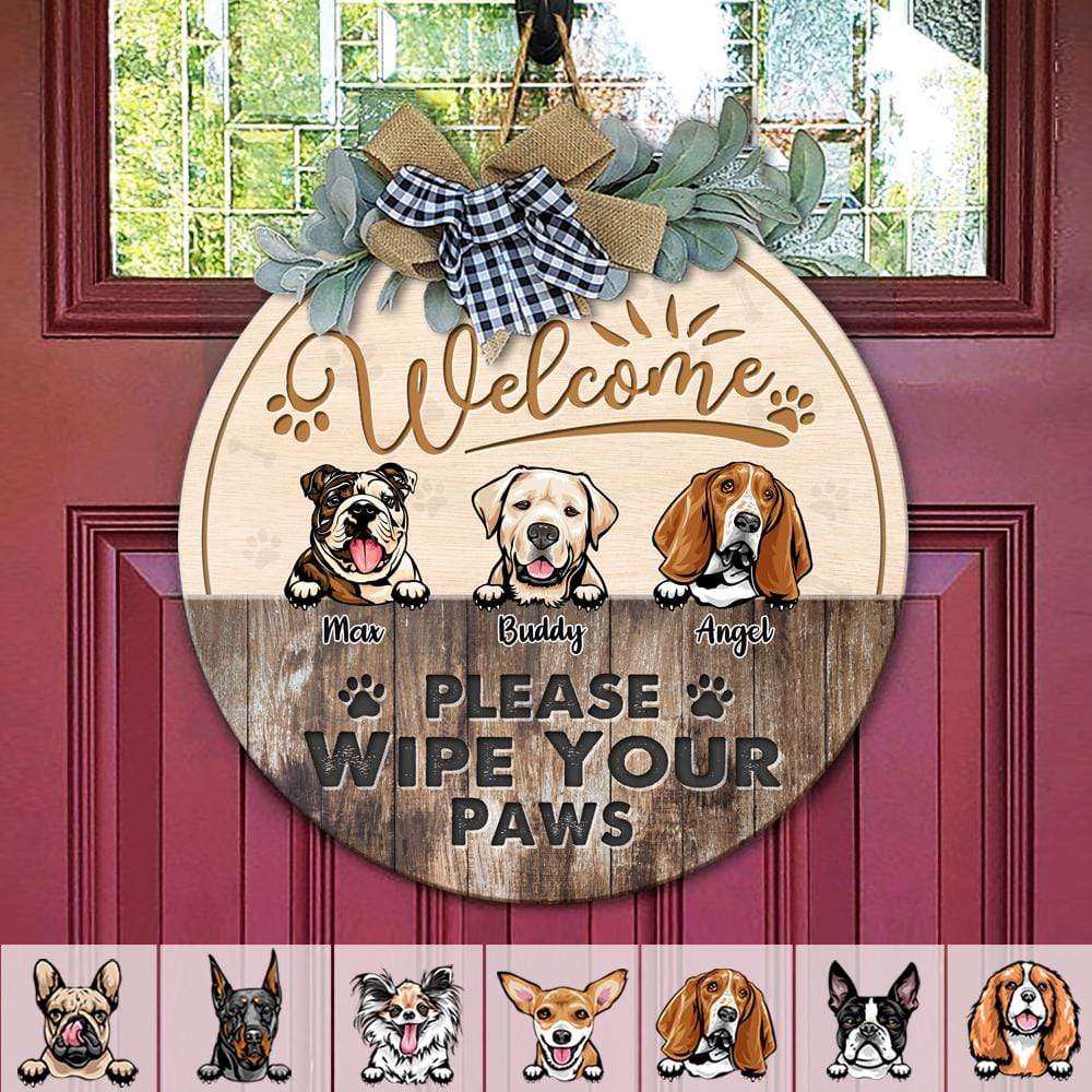 Please Wipe Your Paws Dog Wooden Door Sign With Wreath, Dog Door Hanger 892371