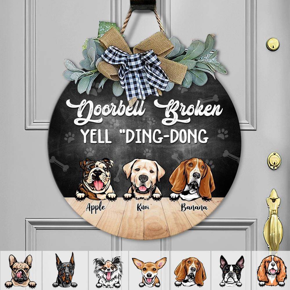 Doorbell Broken, Yell "Ding-Dong" Dog Wooden Door Sign With Wreath,HN590 - Image 2