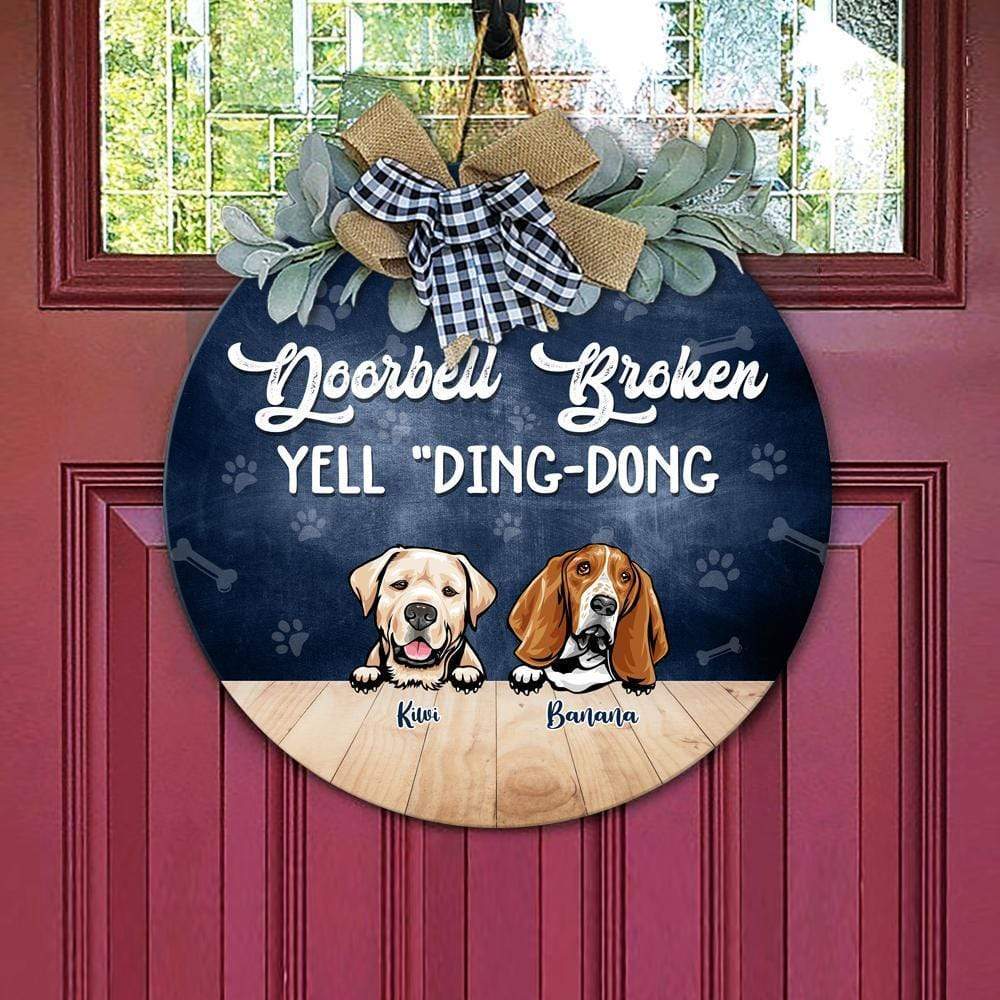 Doorbell Broken, Yell "Ding-Dong" Dog Wooden Door Sign With Wreath,HN590 - Image 3
