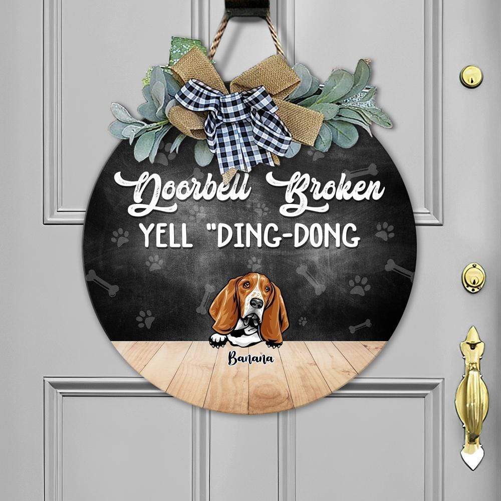 Doorbell Broken, Yell "Ding-Dong" Dog Wooden Door Sign With Wreath,HN590 - Image 4